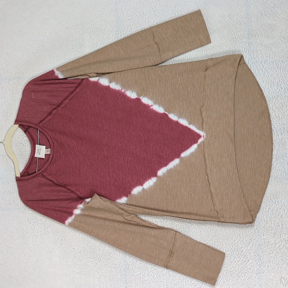 Knox Rose Women's Tan & Pink Oversized Ombre Long Sleeve Shirt Size XS